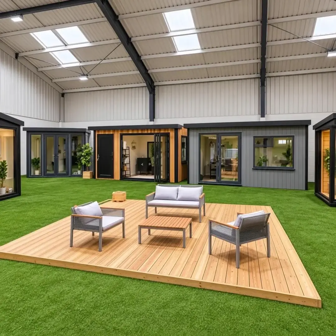 Display garden rooms around a decked seating area in the Noah indoor showroom in Telford
