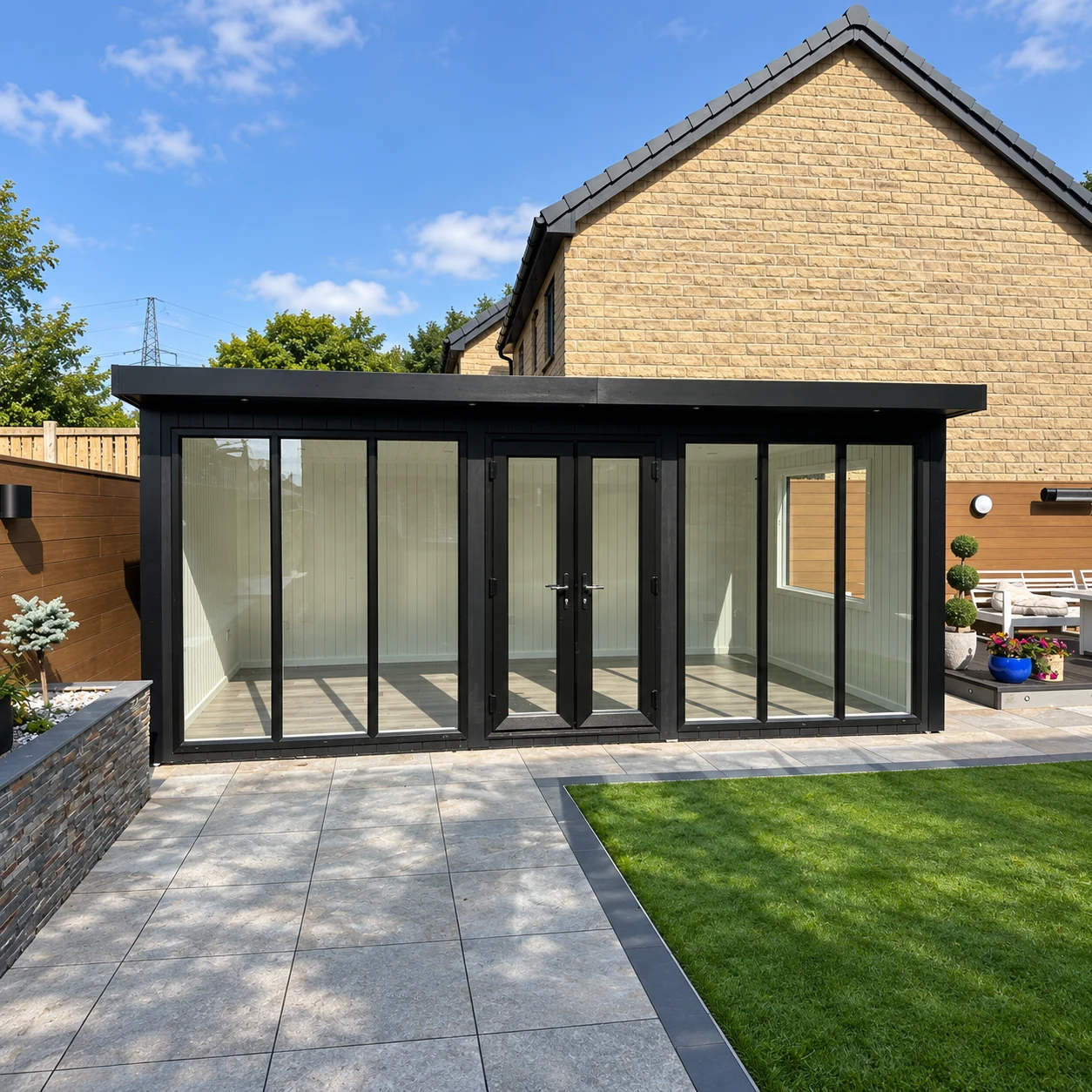 Black composite Chippenham garden room with glazed doors onto a lawn and patio