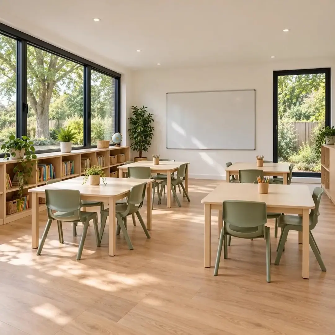a bright modular classroom with tables and chairs