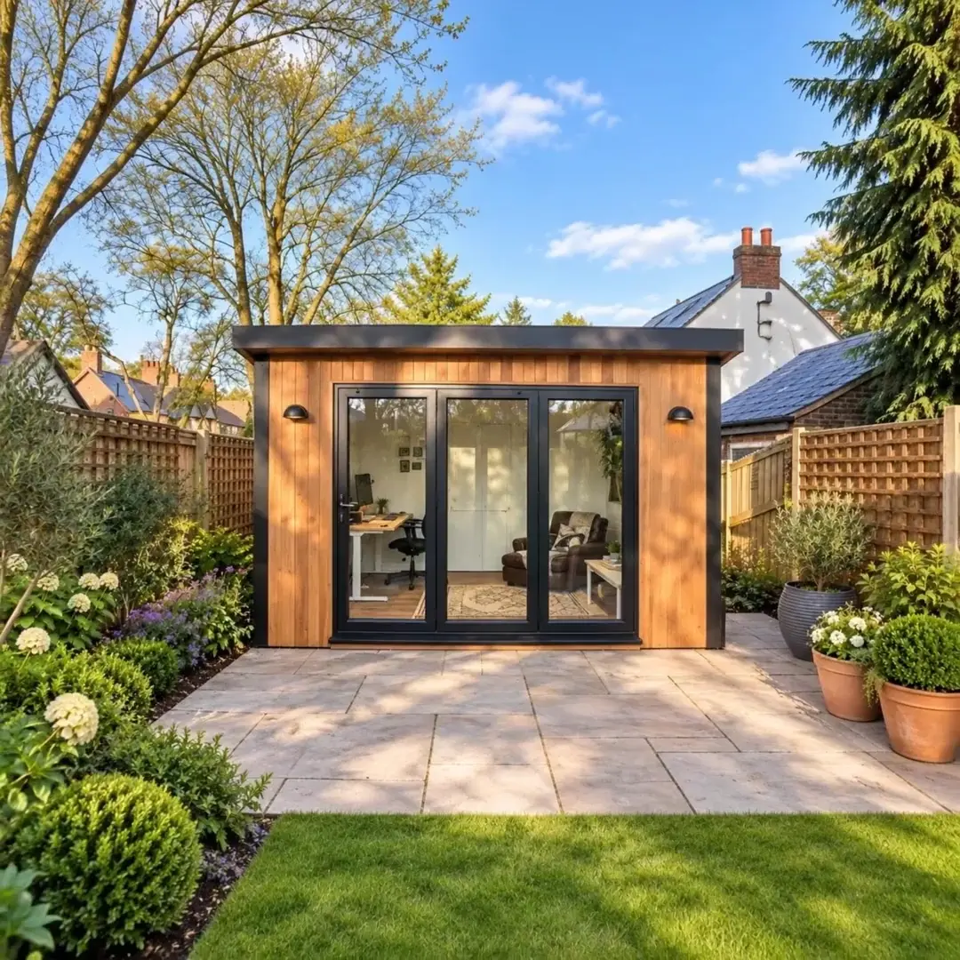 Cedar-clad Noah garden office with dark glazed doors and a planted approach