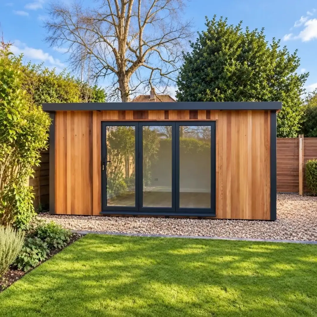 Cedar-clad Woburn eco pod with black-framed glazing in a customer garden