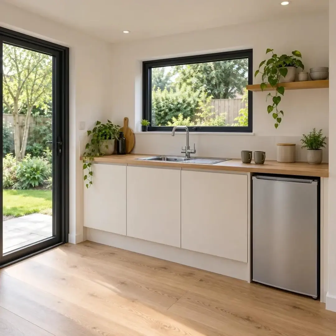 garden-room kitchenette with white cabinets, timber worktop and compact sink