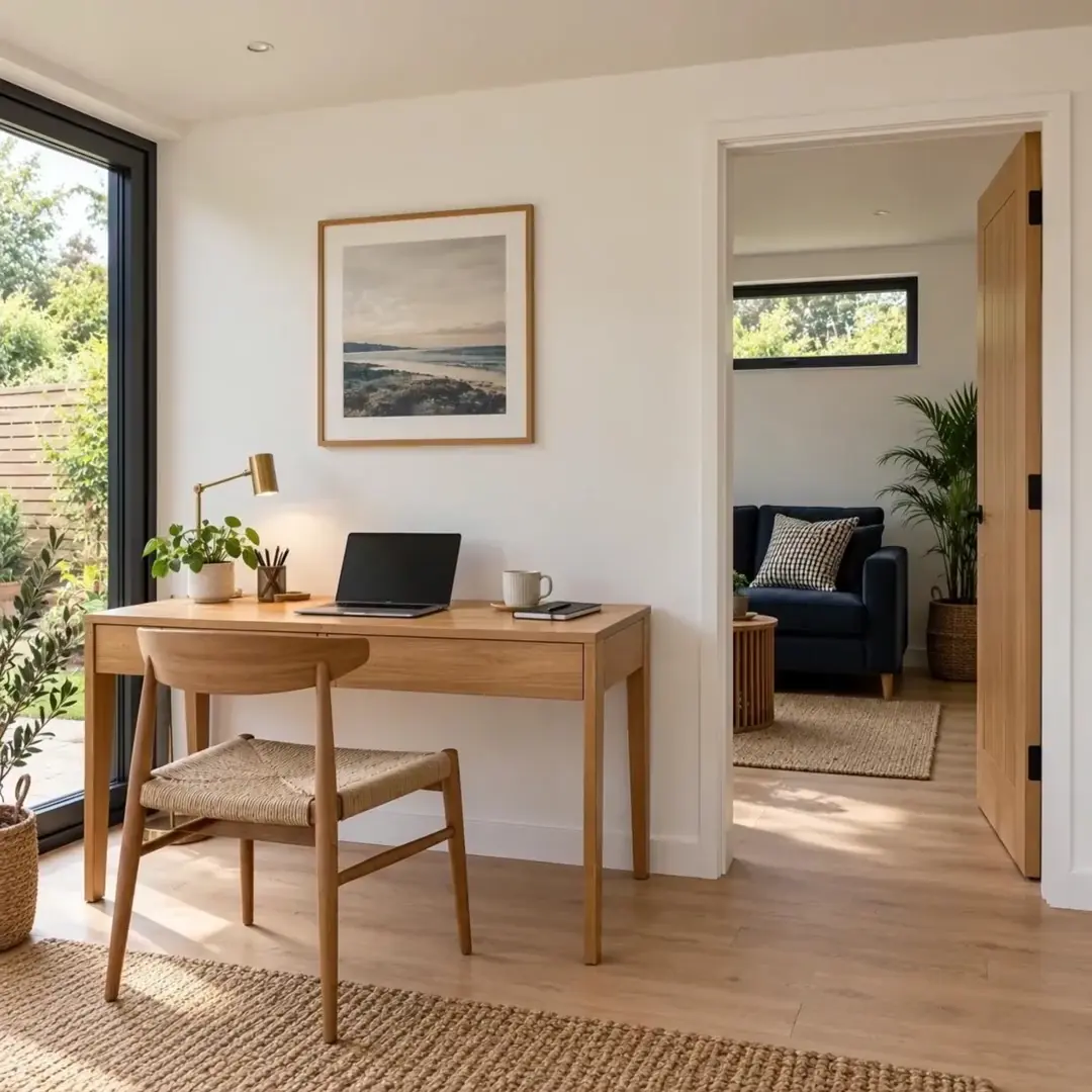 garden-room partition separating a desk area from a quiet room