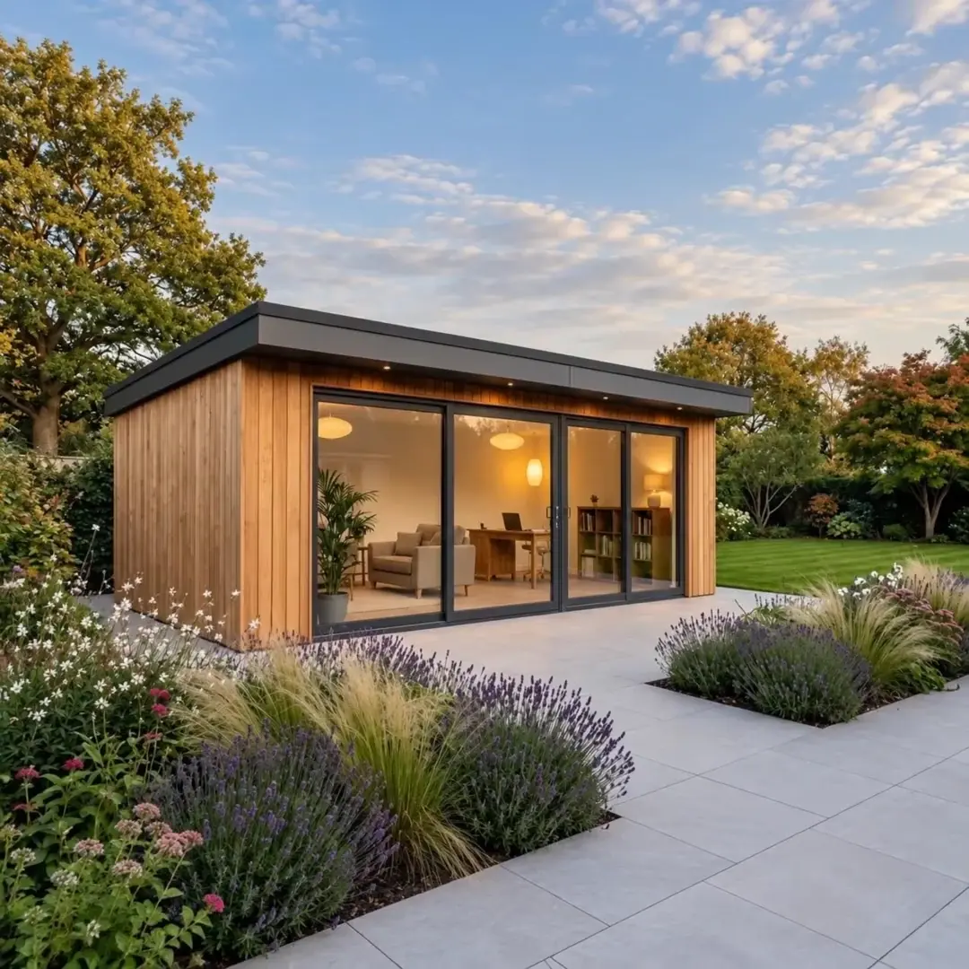 Signature luxury garden room with cedar cladding and full-height aluminium glazed doors