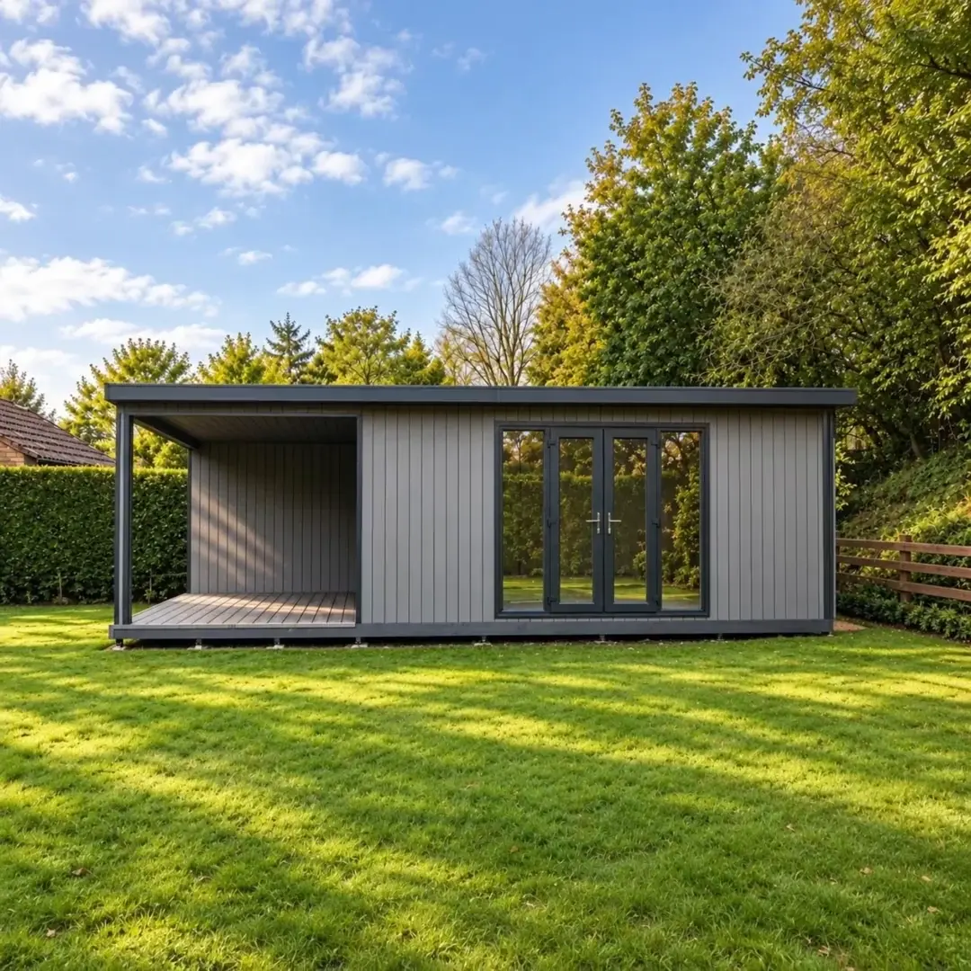 Grey composite Sennen garden room with a covered, decked outdoor area beside its glazed doors