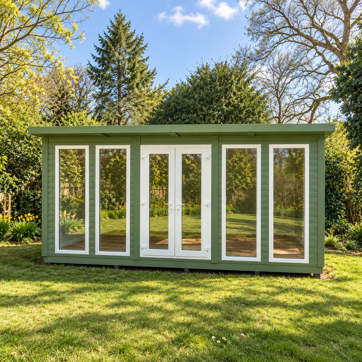 Green Norton eco pod with white glazed doors on a lawn