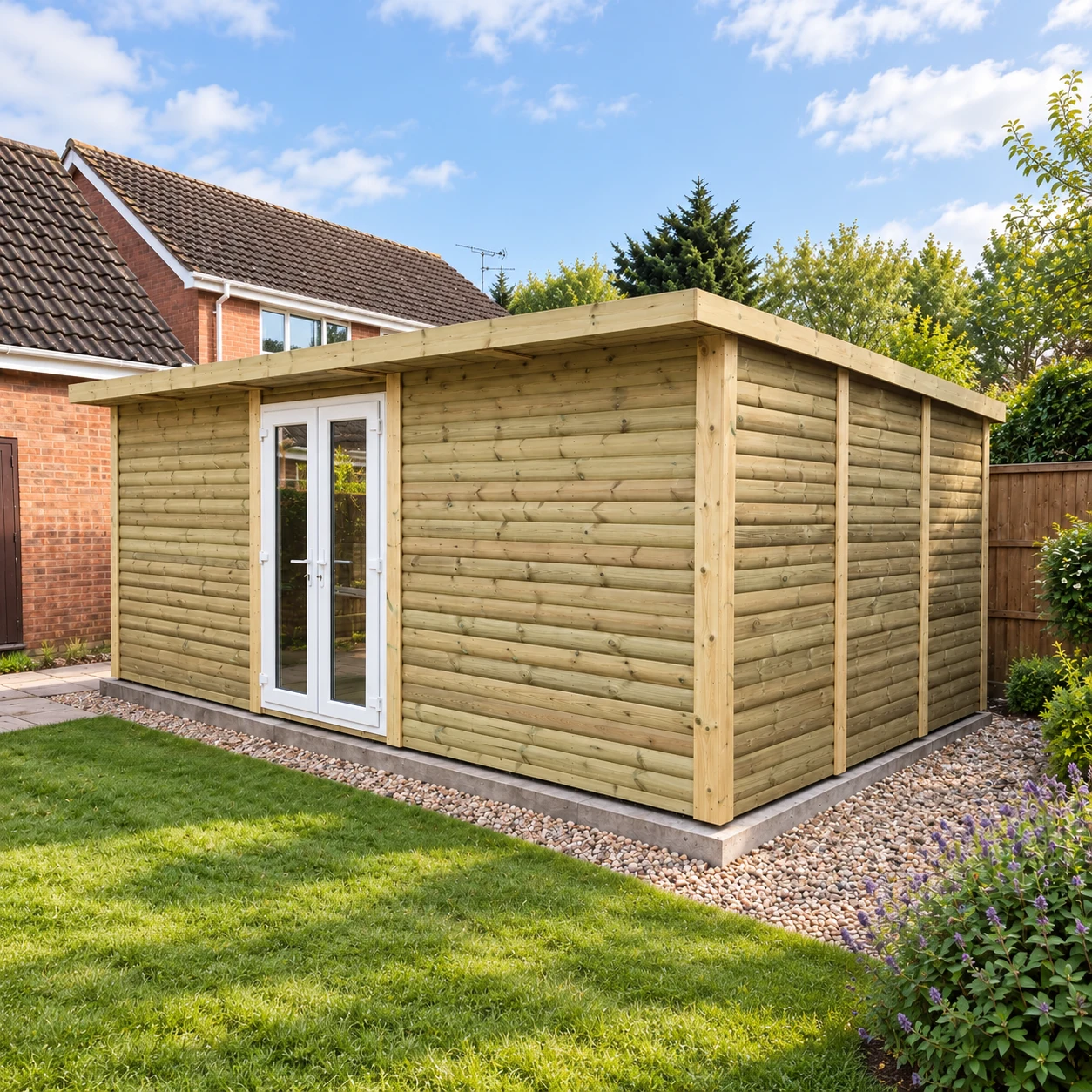 Pressure-treated timber Noah garden building with white glazed French doors