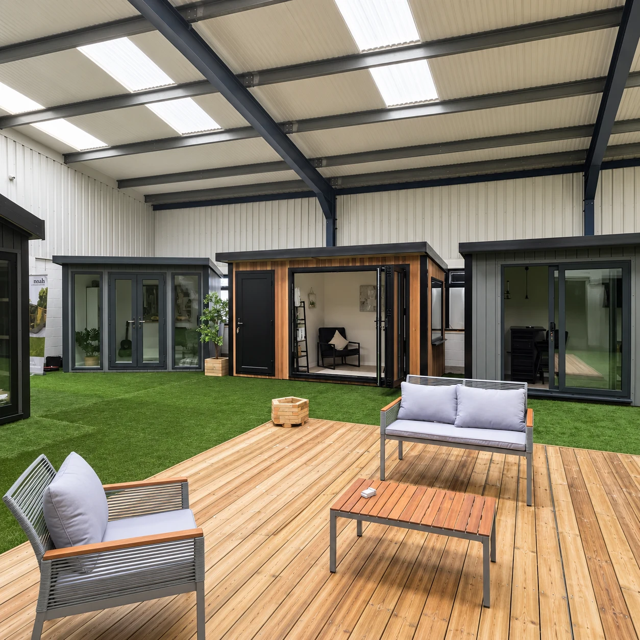 Display garden rooms and garden furniture inside the Noah indoor showroom in Telford