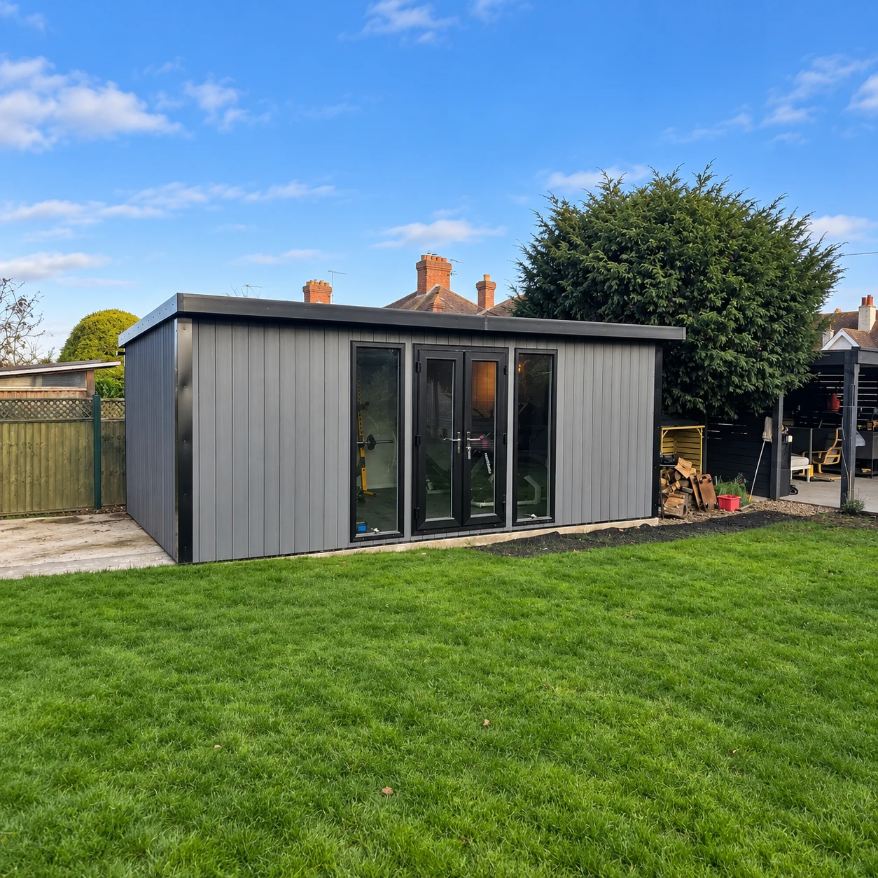 Grey Noah garden building at the end of a Shropshire lawn