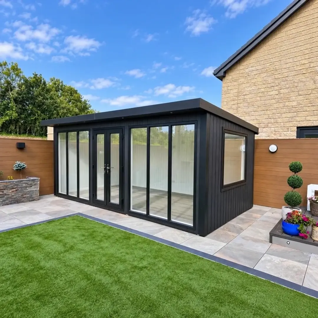 Black composite Chippenham garden room with full-height glazing beside a paved garden