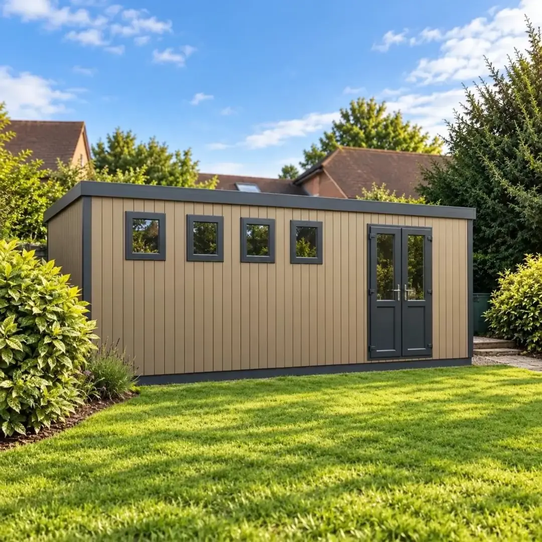 Composite Cotswold workshop with double doors and a row of windows