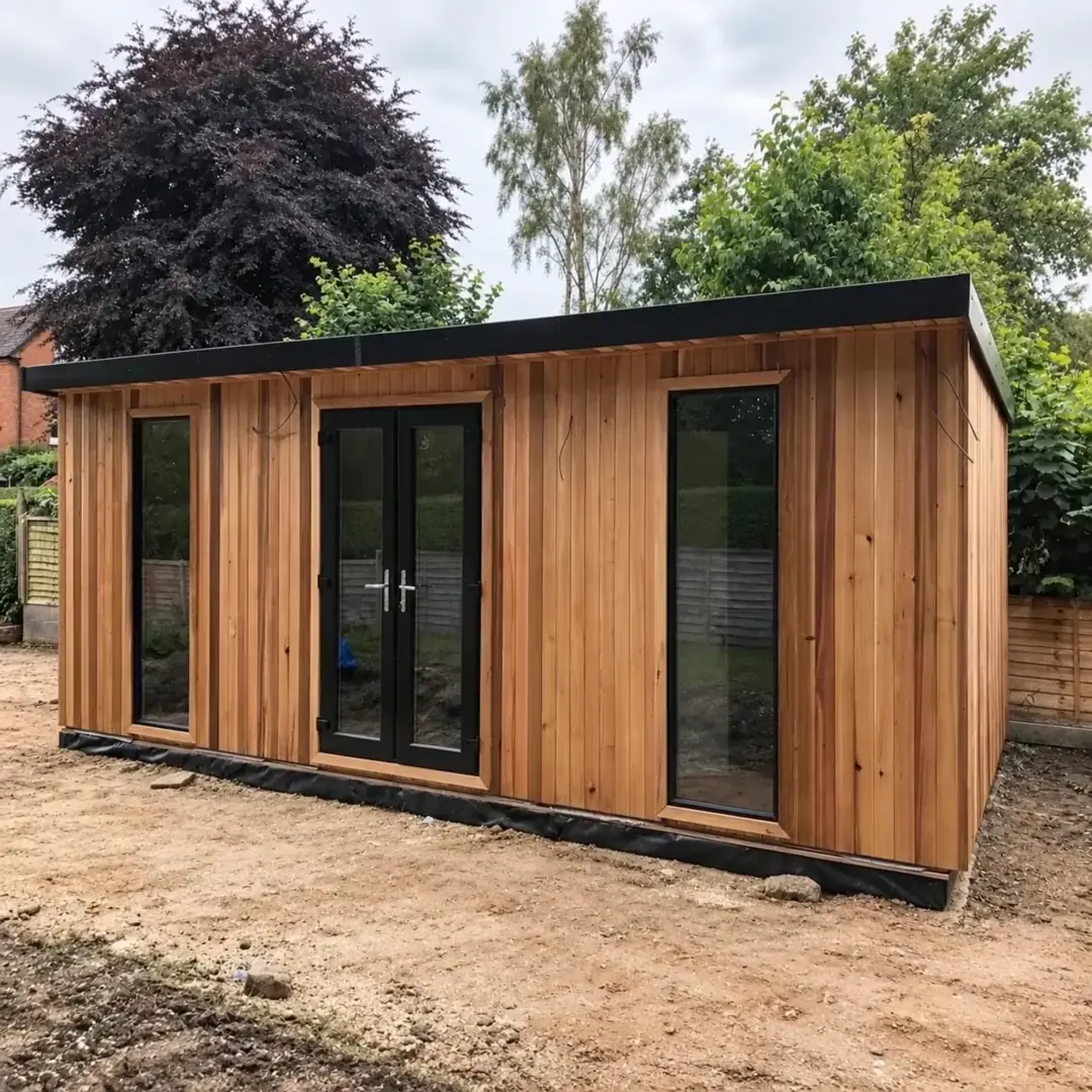 Cedar-clad Woburn eco pod newly installed in a garden