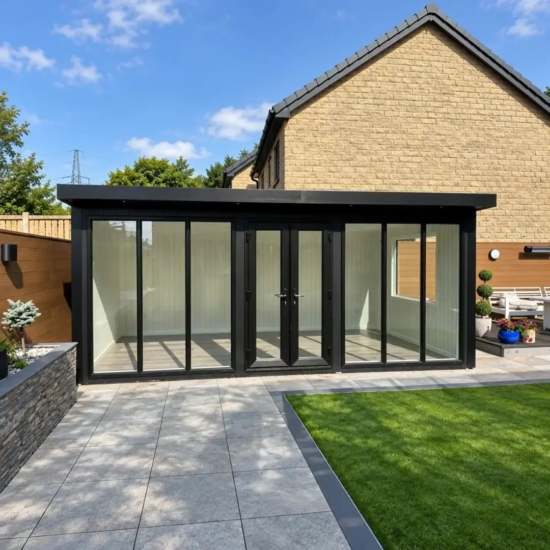 Black composite Chippenham garden room with glazed doors onto a lawn and patio