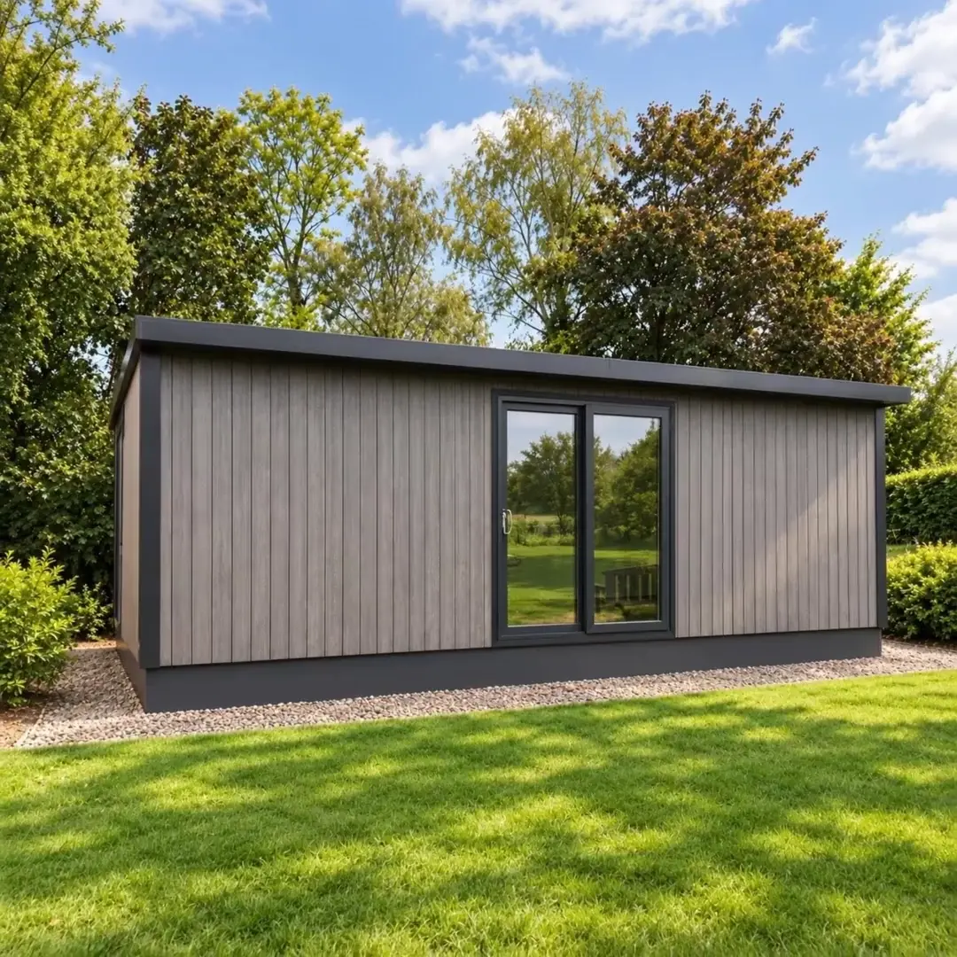 Grey composite Knighton garden room newly installed on a lawn