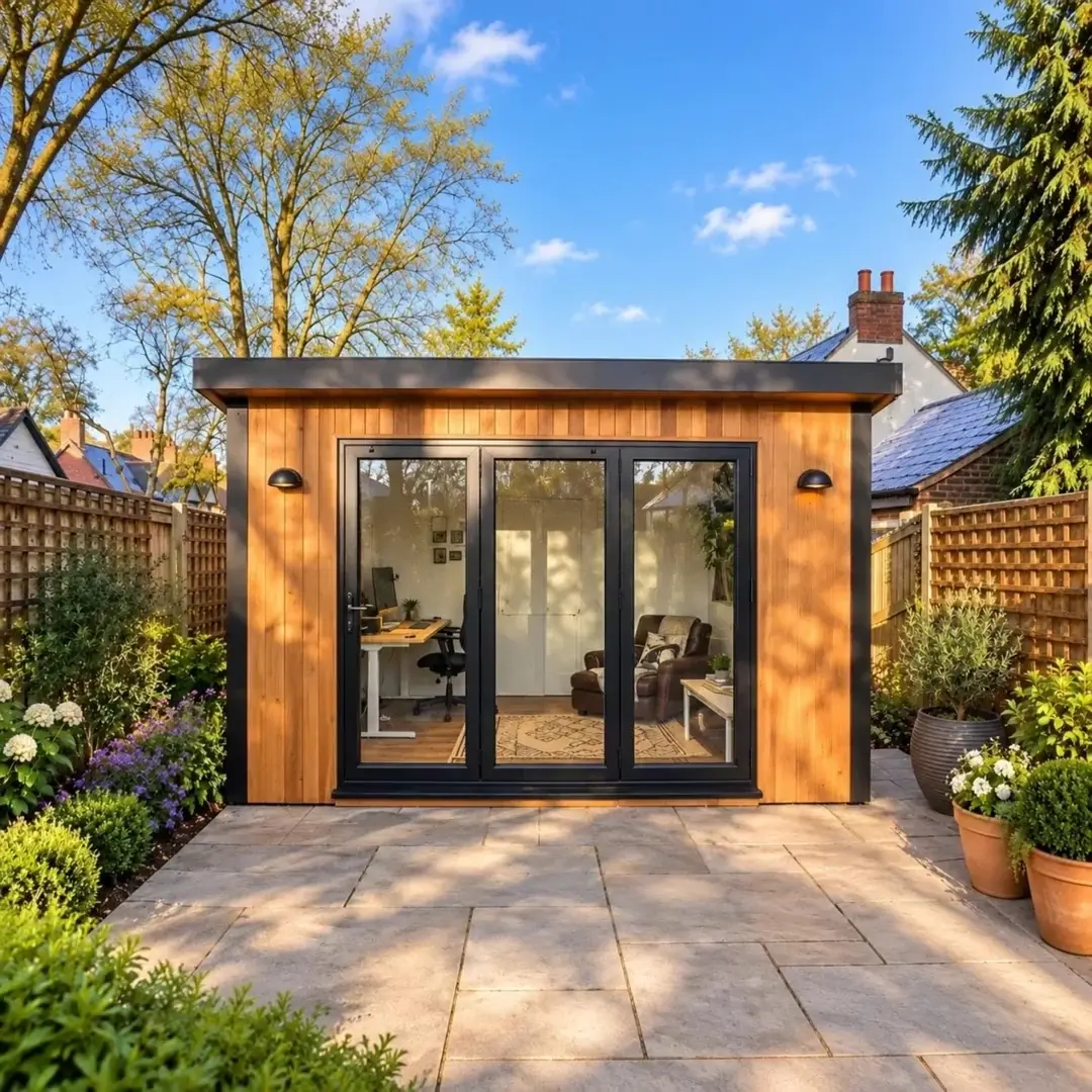Cedar-clad garden office with bi-fold doors on a Birmingham patio