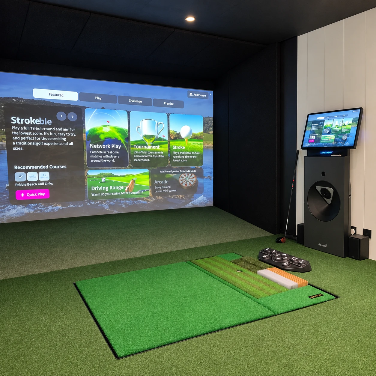 Garden golf simulator room with a wall-mounted television and putting green