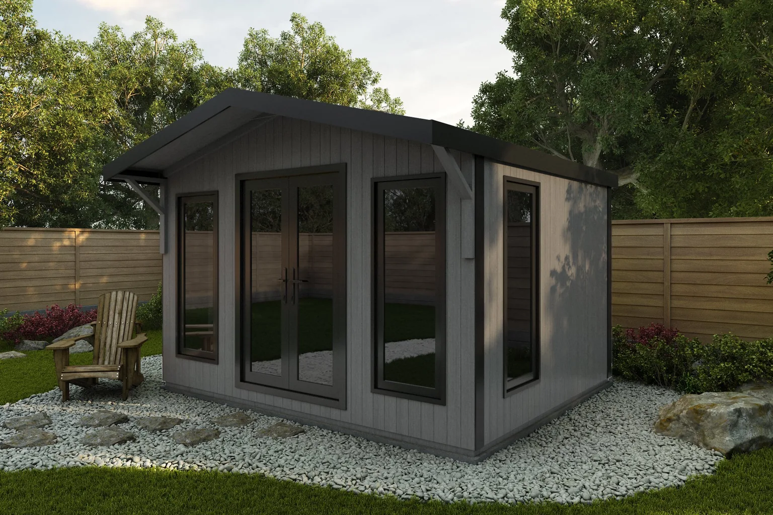 Grey composite Noah garden room with an apex roof and French doors