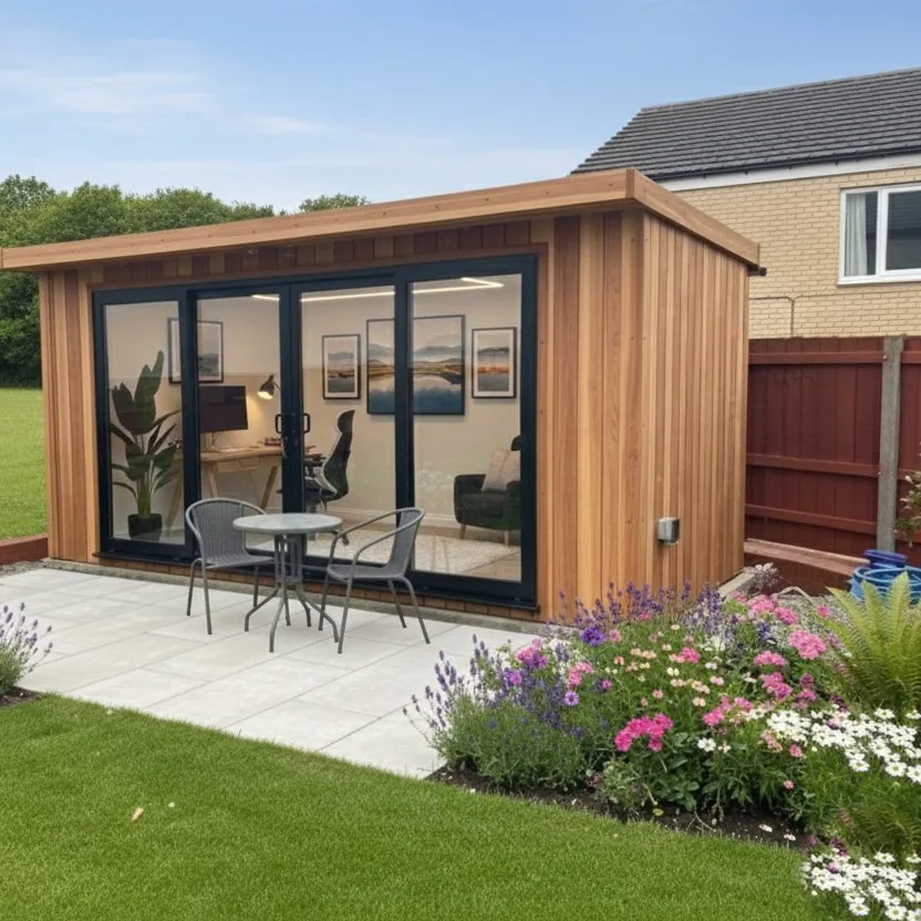 Cedar-clad Noah garden room with black bi-fold doors opening onto a patio