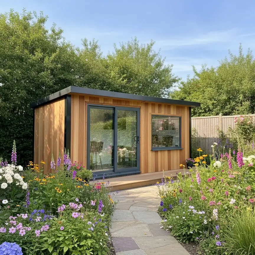 Cedar-clad Noah garden room with sliding doors in a garden full of flowers