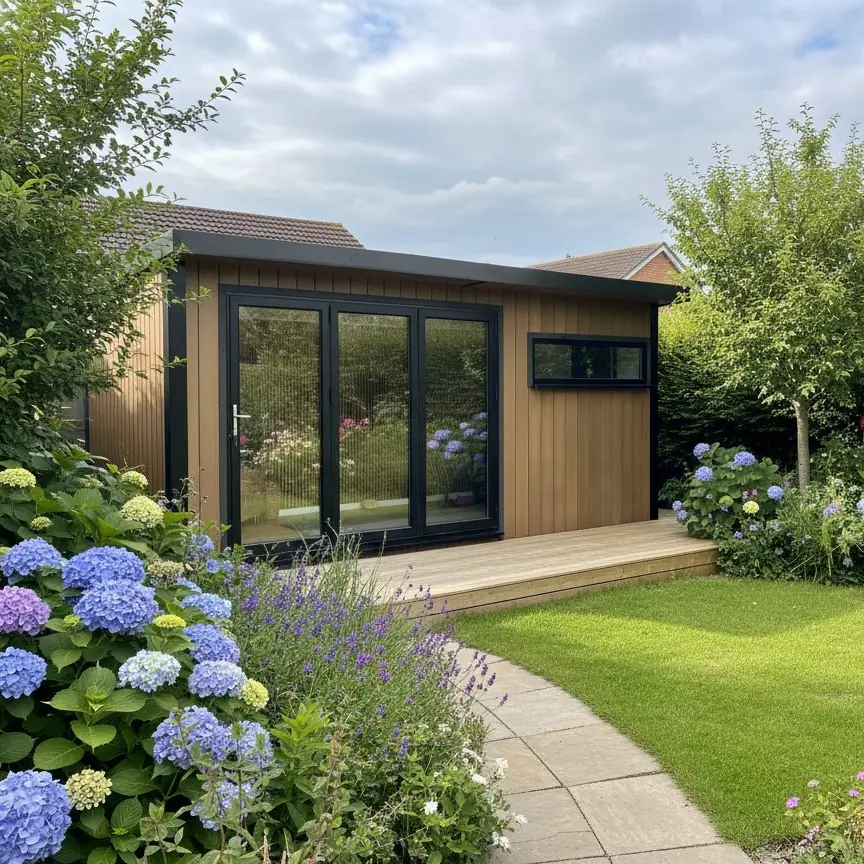 Woodgrain composite Noah garden room with a timber deck across the front, in a garden of hydrangeas