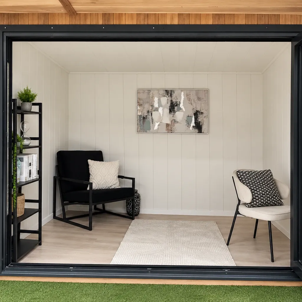Showroom display room with an armchair, shelving and artwork seen through open doors