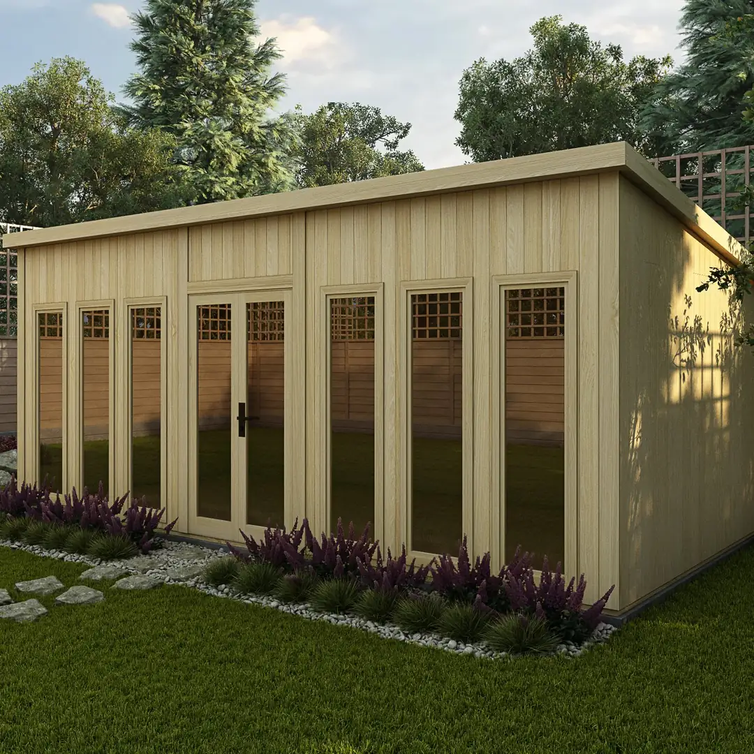 Timber-clad Noah garden room with a sloping pent roof and a row of glazed doors