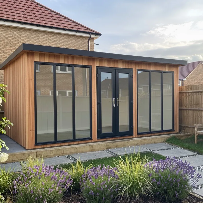 Cedar-clad Noah garden room with bi-fold doors either side of a pair of French doors