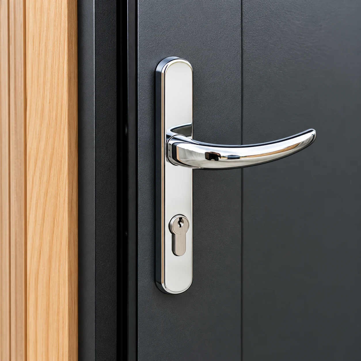 Close-up of a chrome door handle and key cylinder on a charcoal door beside cedar cladding