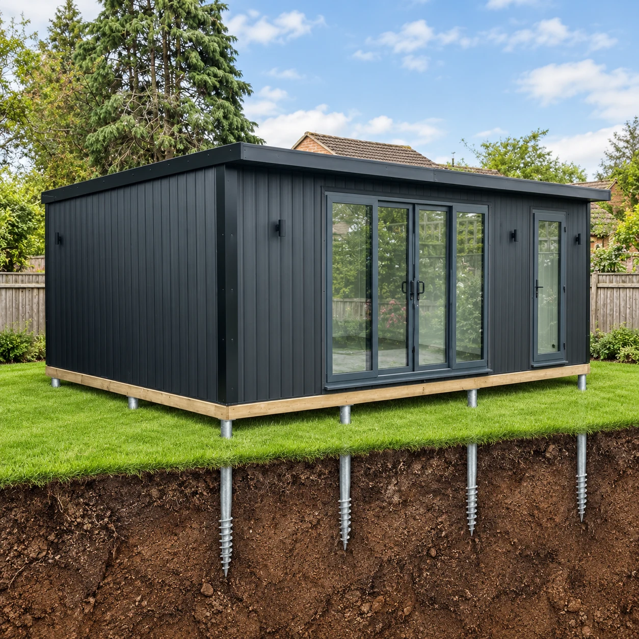 Charcoal Noah garden room above a soil cutaway showing its ground screw foundation