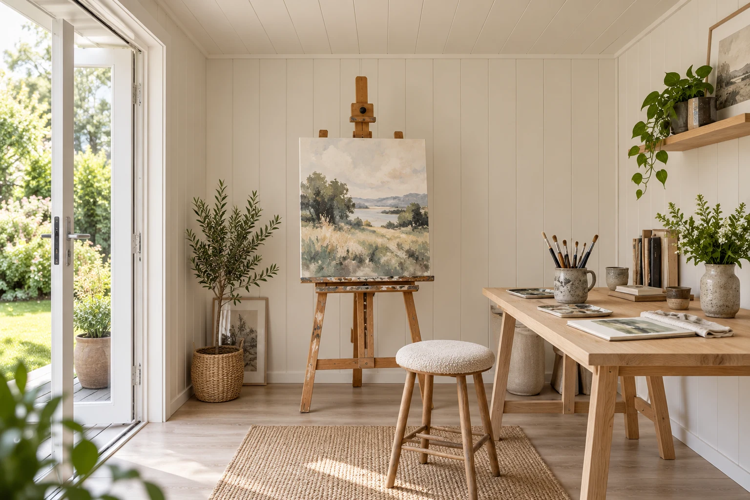 Garden art studio with a wooden easel, worktable and drawing materials