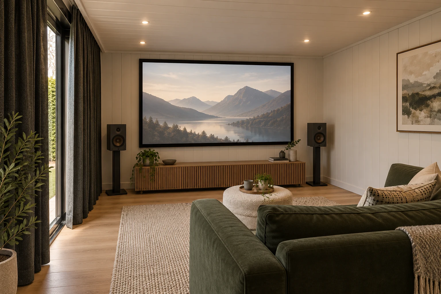 Garden cinema room with a large screen, speakers and a green sofa