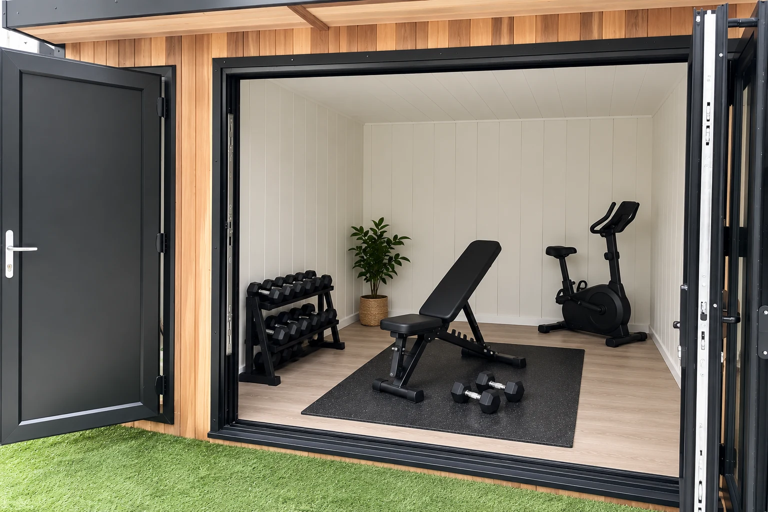 Compact garden gym with an adjustable bench, dumbbells and an exercise bike inside a panelled Noah room