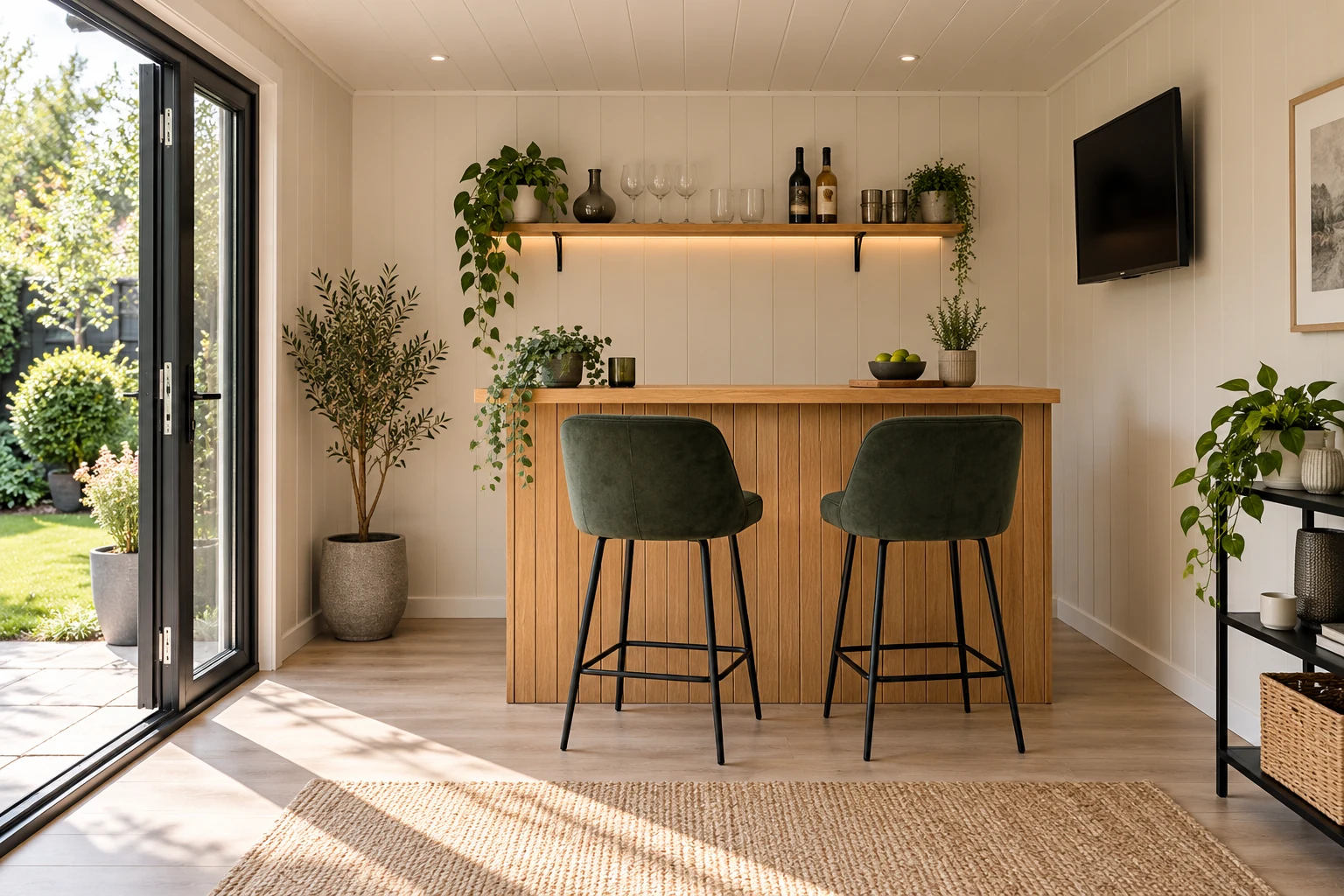 Garden bar with an oak counter, two green bar stools and glassware