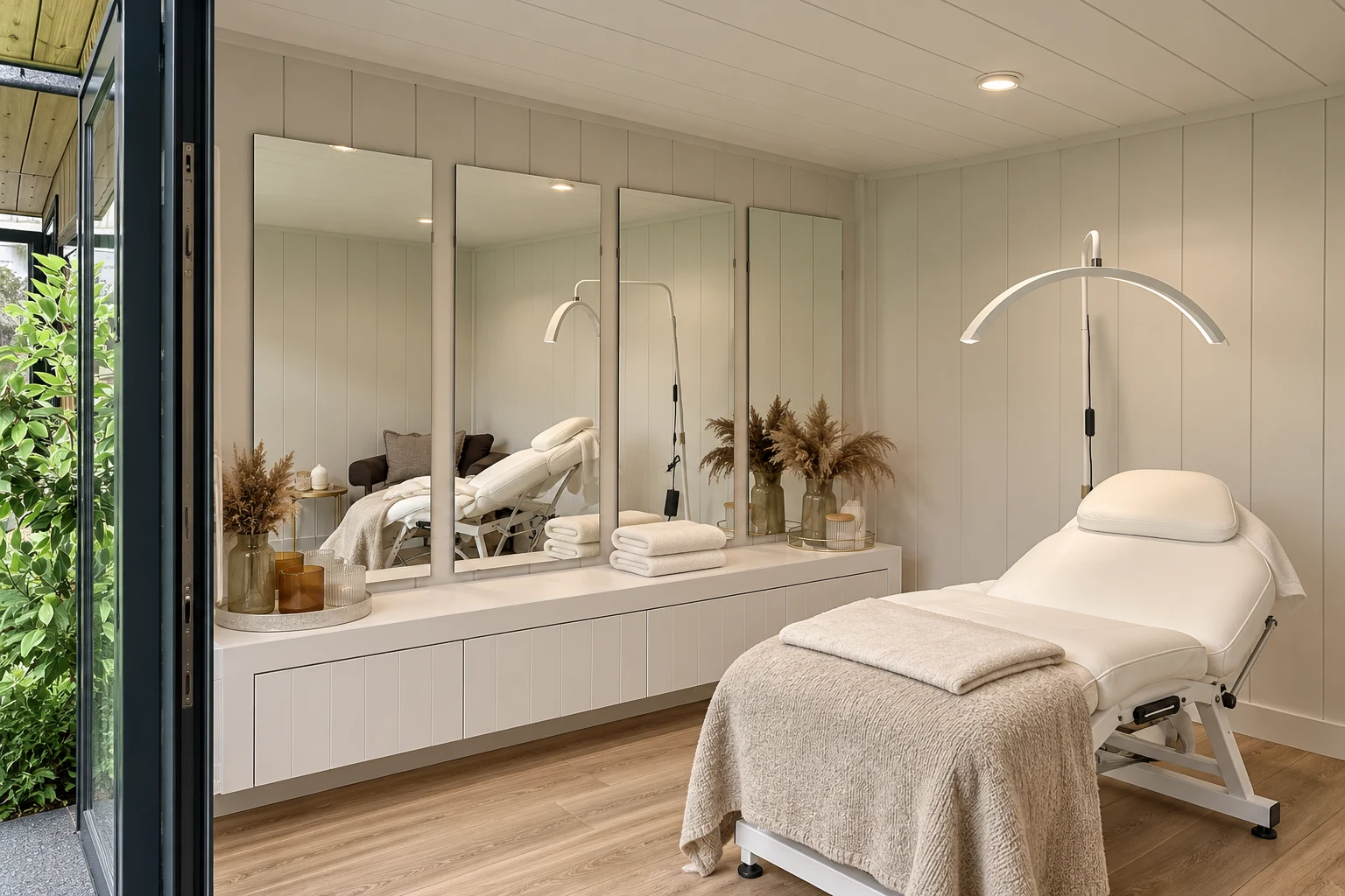 Beauty treatment room with a reclining chair, task lamp, mirrors and neatly folded towels