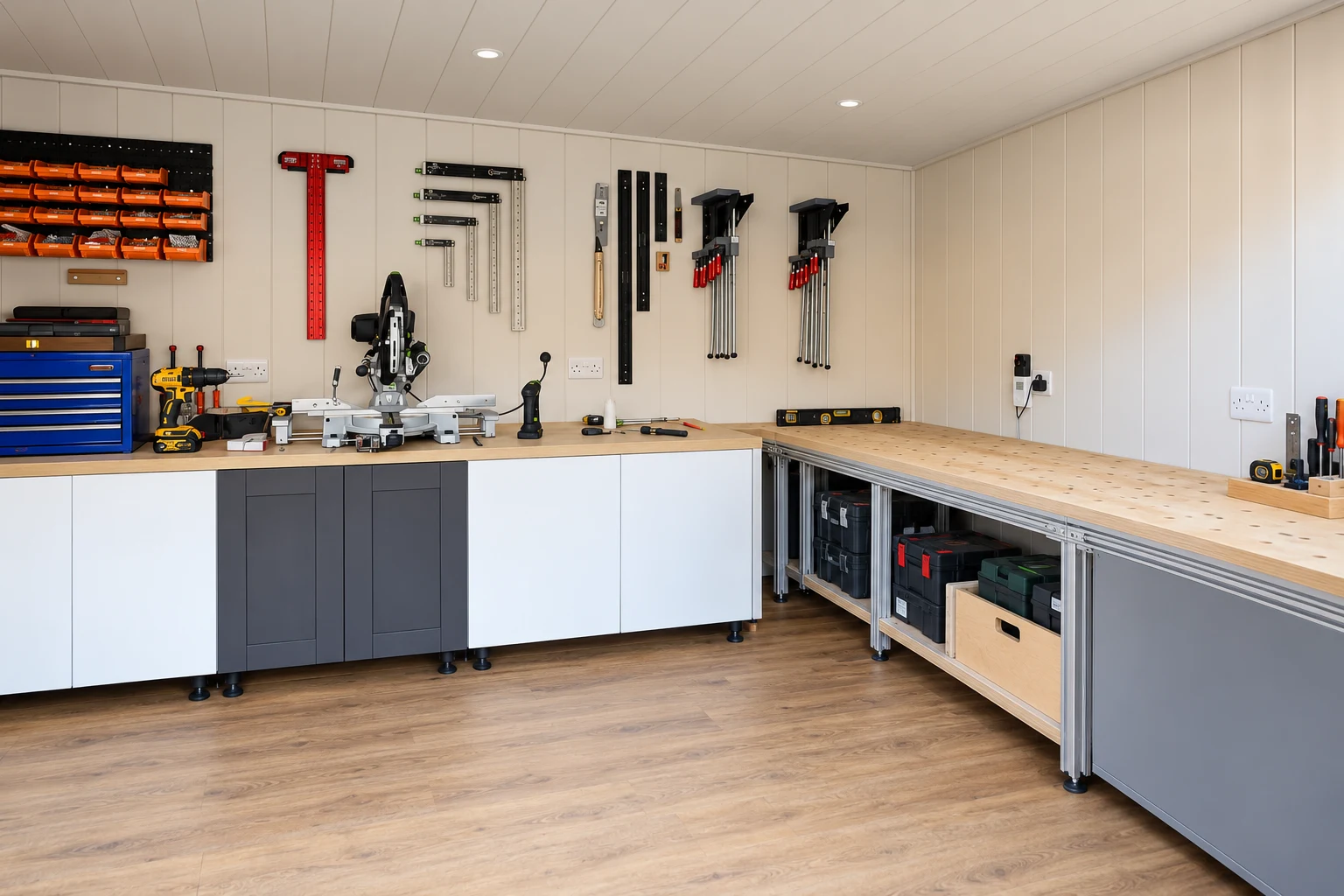 Tidy lined garden workshop with fitted benches, a mitre saw and wall-mounted tools